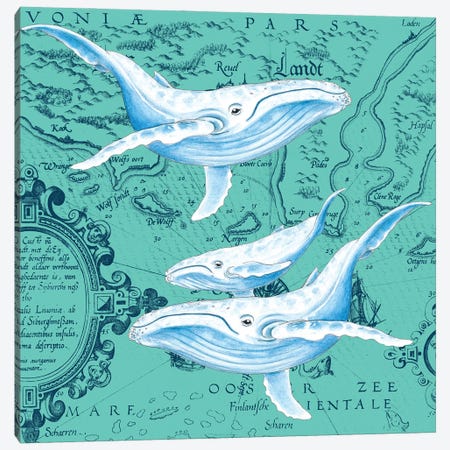 Blue Whales Family Teal Vintage Map Canvas Print #SSI8} by Seven Sirens Studios Canvas Art