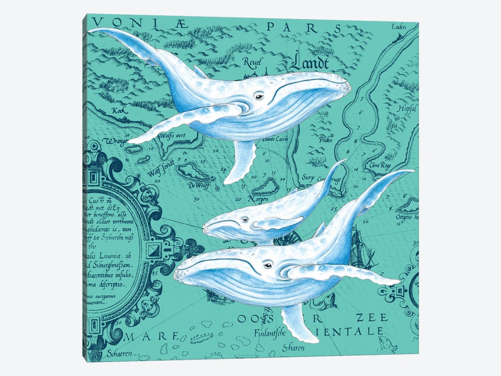 Blue Whales Family Teal Vintage Map by Seven Sirens Studios 1-piece Canvas Print