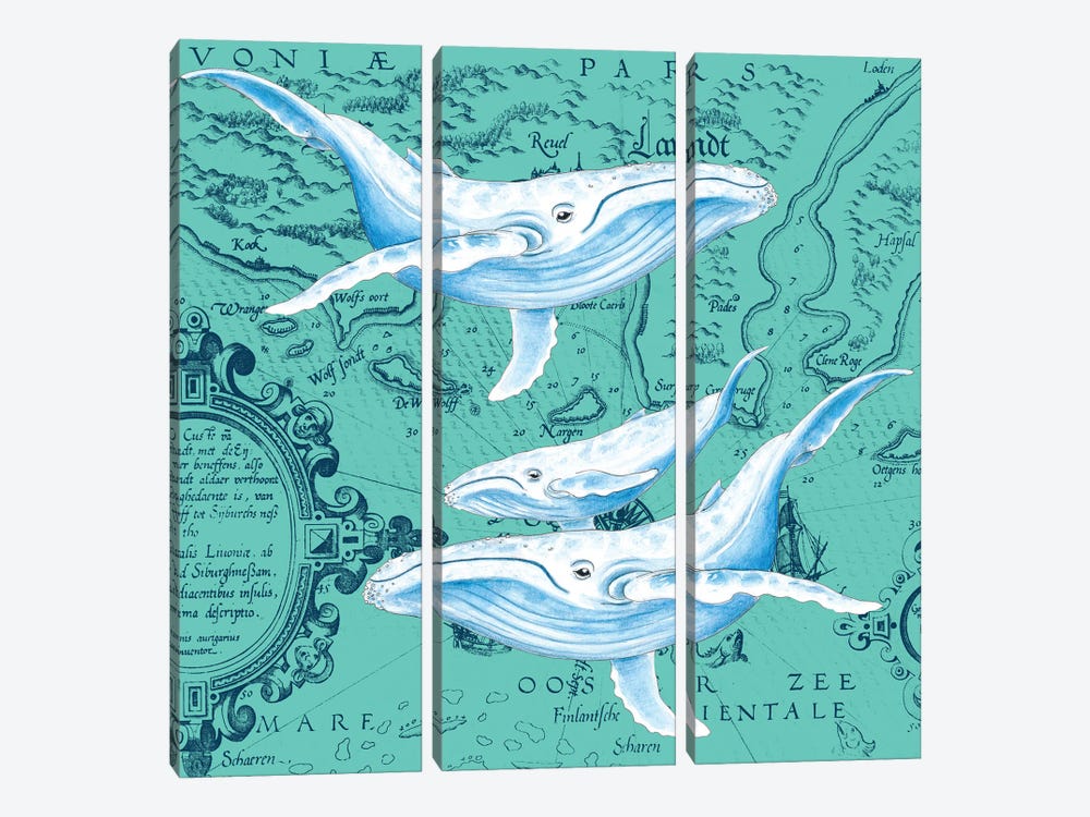 Blue Whales Family Teal Vintage Map by Seven Sirens Studios 3-piece Canvas Print