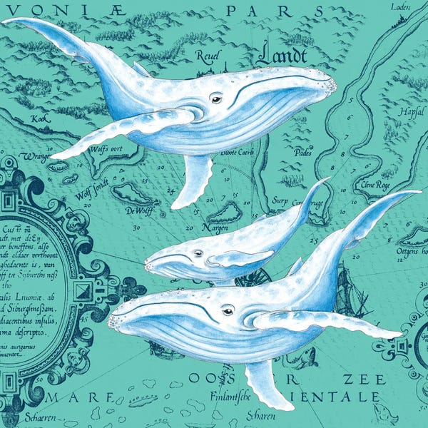Seven Sirens Studios: Blue Whales Family Teal Vintage Map by Seven Sirens Studios