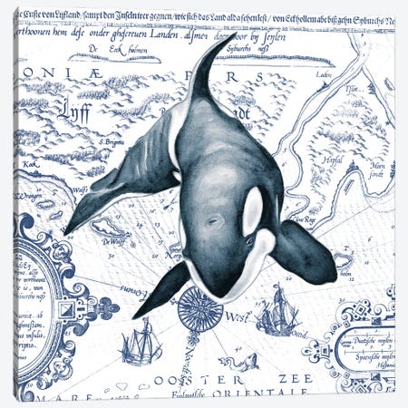 Orca Whale Vintage Map Blue Canvas Print #SSI90} by Seven Sirens Studios Canvas Artwork