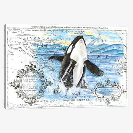 Breaching Orca Whale Vintage Map Blue Canvas Print #SSI94} by Seven Sirens Studios Canvas Art Print