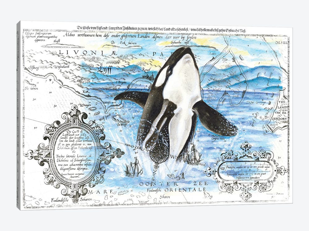 Breaching Orca Whale Vintage Map Blue by Seven Sirens Studios 1-piece Canvas Print