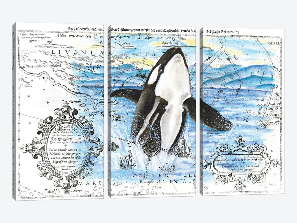 Breaching Orca Whale Vintage Map Blue by Seven Sirens Studios 3-piece Canvas Print