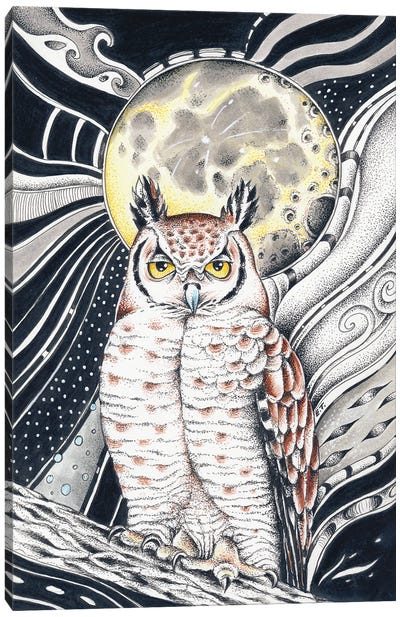 Owl And The Moon Ink Canvas Art Print - Seven Sirens Studios
