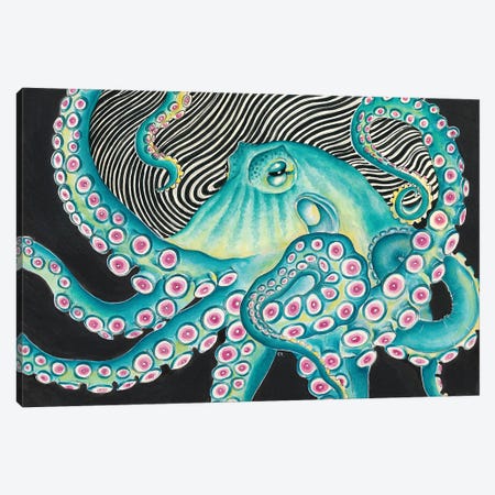 Funky Teal Green Octopus Kraken Black Ink Canvas Print #SSI98} by Seven Sirens Studios Canvas Artwork