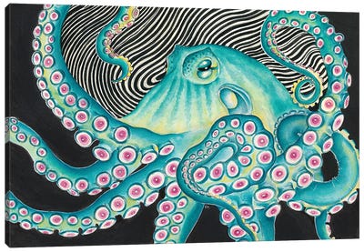 Funky Teal Green Octopus Kraken Black Ink Canvas Art Print - Kids Ocean Life Art