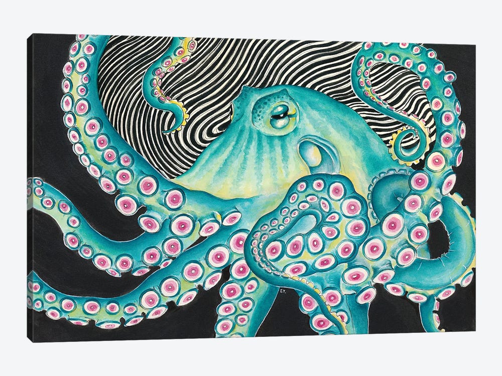 Funky Teal Green Octopus Kraken Black Ink by Seven Sirens Studios 1-piece Canvas Print