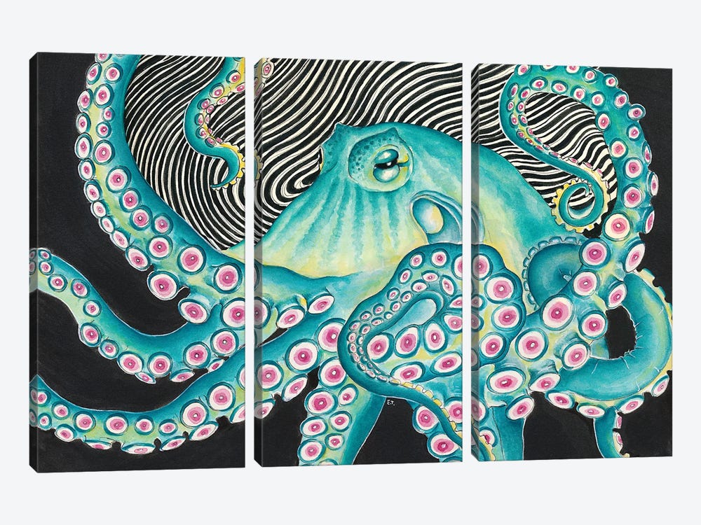 Funky Teal Green Octopus Kraken Black Ink by Seven Sirens Studios 3-piece Canvas Art Print