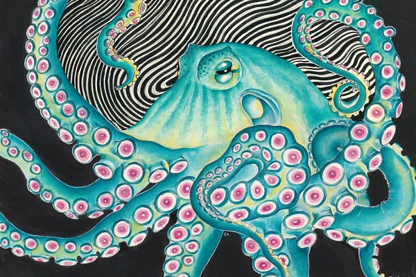 Kids Ocean Life Art: Funky Teal Green Octopus Kraken Black Ink by Seven Sirens Studios