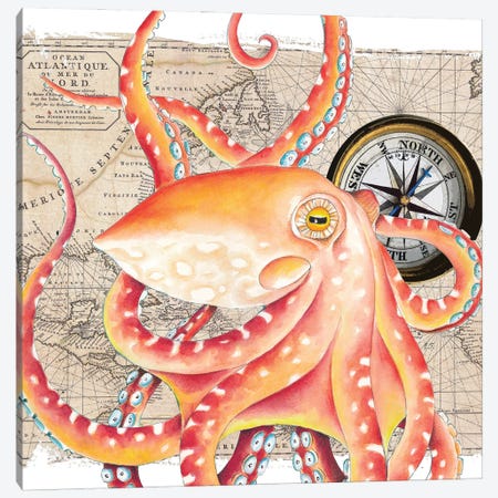 Red Octopus Vintage Map Compass Canvas Print #SSI99} by Seven Sirens Studios Canvas Art