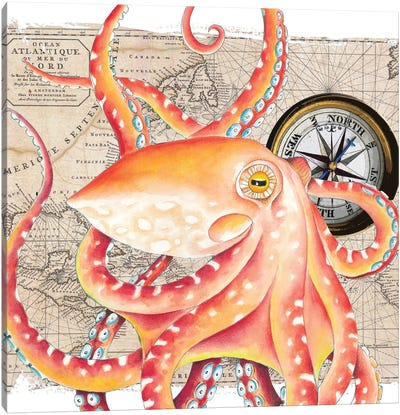 Red Octopus Vintage Map Compass Canvas Art Print - Cottagecore Goes Coastal