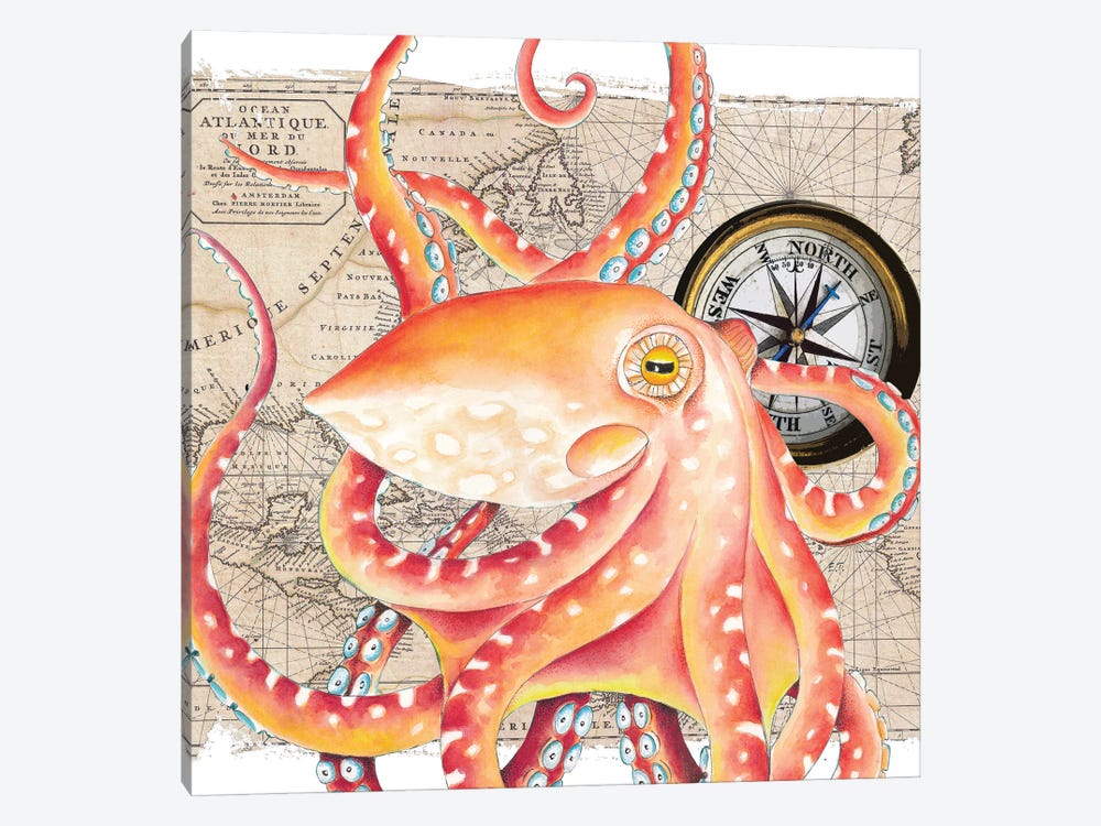 Red Octopus Vintage Map Compass by Seven Sirens Studios 1-piece Canvas Art