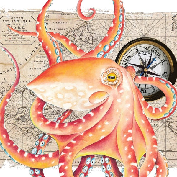 Seven Sirens Studios: Red Octopus Vintage Map Compass by Seven Sirens Studios