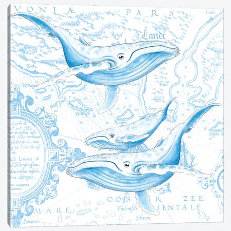 Blue Whales Family Vintage Map White Canvas Print #SSI9} by Seven Sirens Studios Canvas Wall Art