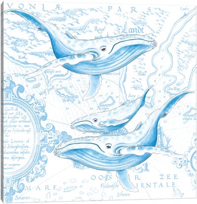 Blue Whales Family Vintage Map White Canvas Art Print - Cottagecore Goes Coastal