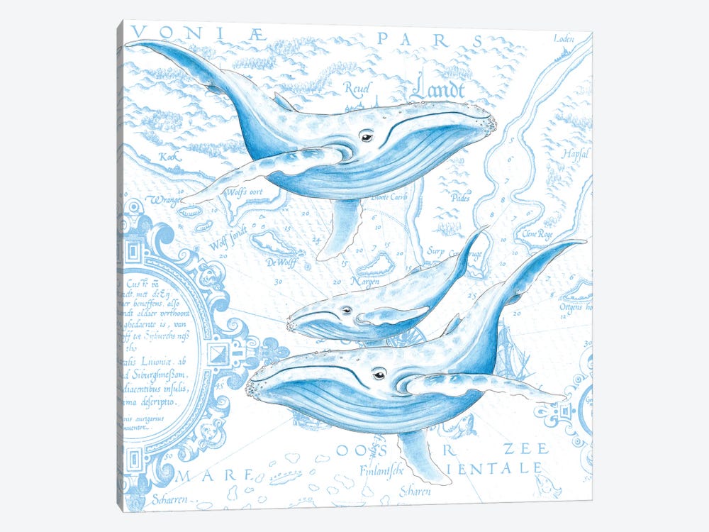 Blue Whales Family Vintage Map White by Seven Sirens Studios 1-piece Canvas Art