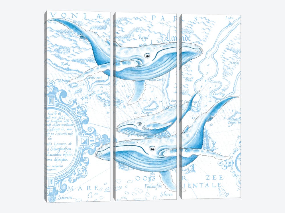 Blue Whales Family Vintage Map White by Seven Sirens Studios 3-piece Canvas Art