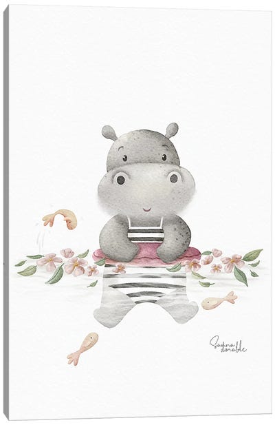 Flower Bathing Hippo Canvas Art Print - Hippopotamus Art