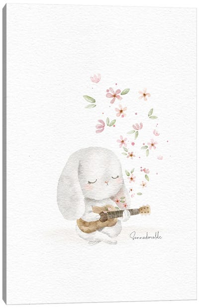 Flower Guitarr Bunny Canvas Art Print - Kids Bathroom Art