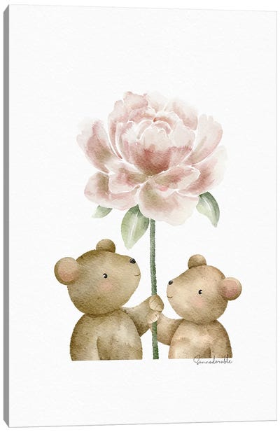 Peony Bears Canvas Art Print - Baby Animal Art