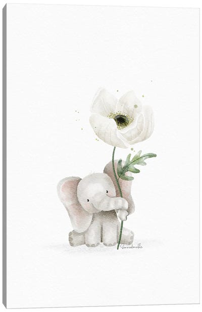 White Poppy Elephant Canvas Art Print - Sanna Sjöström