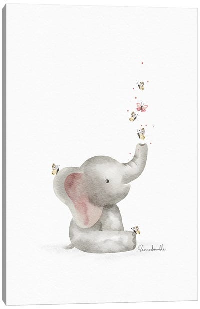 Butterflies Elephant Canvas Art Print - Baby Animal Art