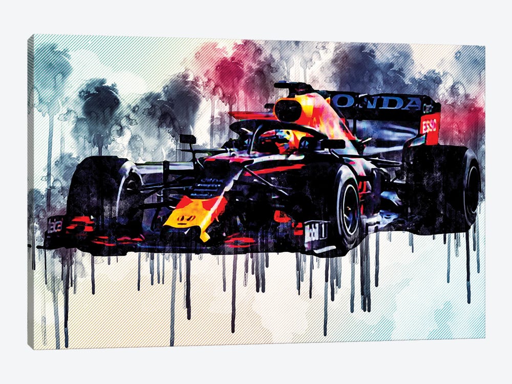 Max Verstappen Red Bull Racing Rb16B Raceway 2021 F1 Cars Formula 1 Rb16B On Track Red Bull Racing Honda by Sissy Angelastro 1-piece Canvas Art Print