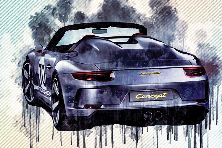 Porsche 911 Speedster Concept 2018 Silver Convertible Rear View Race Car German Sports by Sissy Angelastro wall art