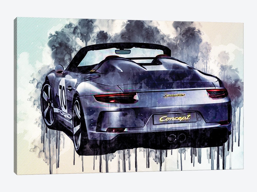 Porsche 911 Speedster Concept 2018 Silver Convertible Rear View Race Car German Sports by Sissy Angelastro 1-piece Canvas Art