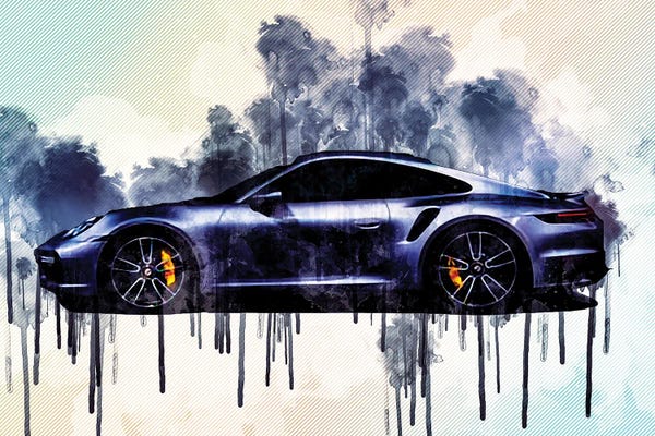 Automobiles: Porsche 911 Turbo S 2021 Side View Silver Sports Sports Car New Silver 911 Turbo S German Sports Cars by Sissy Angelastro