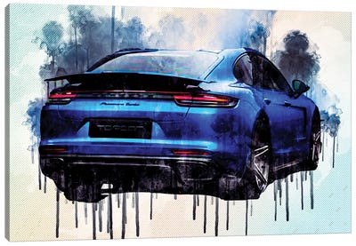 Porsche Panamera Turbo 2018 Exterior Rear View Blue Matte Panamera Sports Canvas Art Print - Porsche