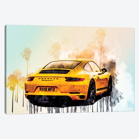 Porsche 911 Carrera T 2018 Yellow Sports Coupe Rear View Sports Car German Sports Cars Canvas Print #SSY189} by Sissy Angelastro Canvas Wall Art
