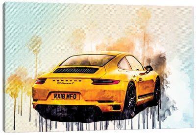 Porsche 911 Carrera T 2018 Yellow Sports Coupe Rear View Sports Car German Sports Cars Canvas Art Print - Porsche