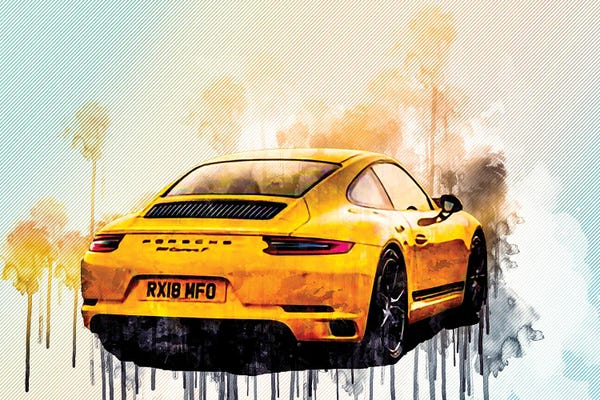 Porsche: Porsche 911 Carrera T 2018 Yellow Sports Coupe Rear View Sports Car German Sports Cars by Sissy Angelastro