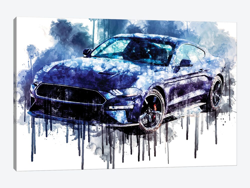 Car 2019 Ford Mustang Bullitt Kona Blue by Sissy Angelastro 1-piece Canvas Art
