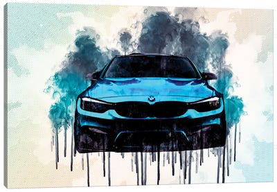 Bmw M3 2018 F80 Front View Tuning M Package Bright Blue Canvas Art Print - BMW