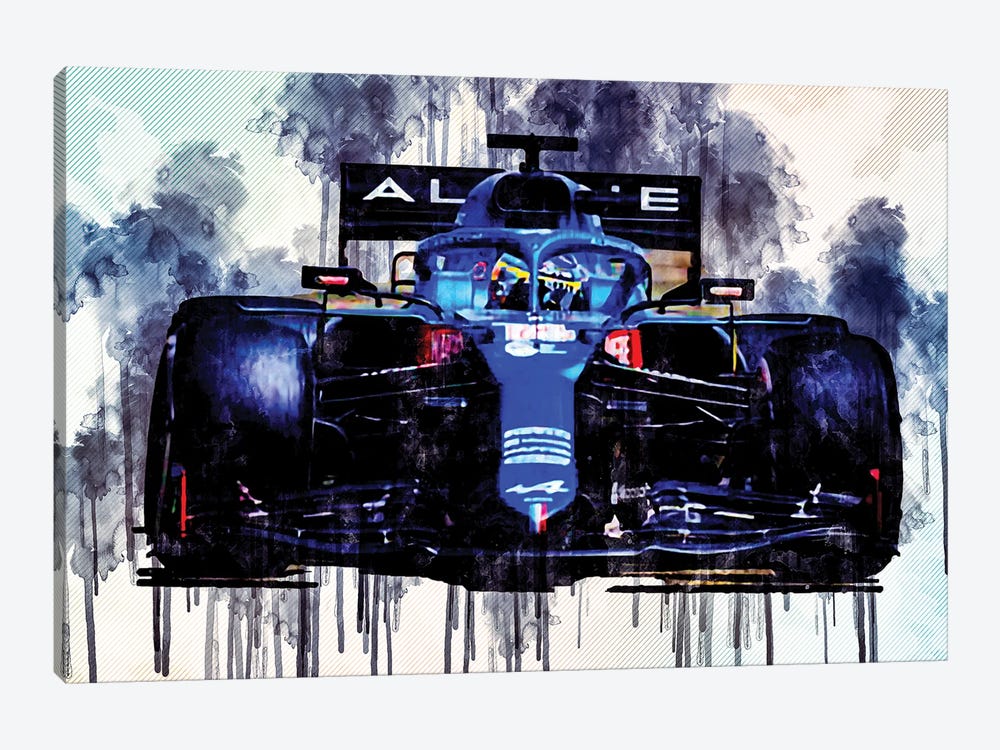 Fernando Alonso Close-Up Alpine A521 2021 F1 Cars Formula 1 Sportscars by Sissy Angelastro 1-piece Canvas Print