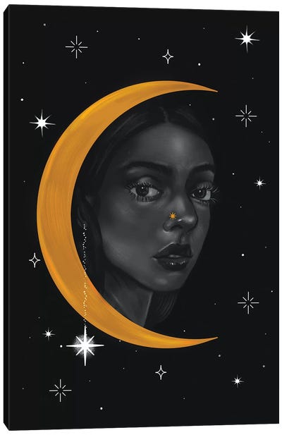 Lady Of The Moon ll Canvas Art Print - Black, White & Gold Art