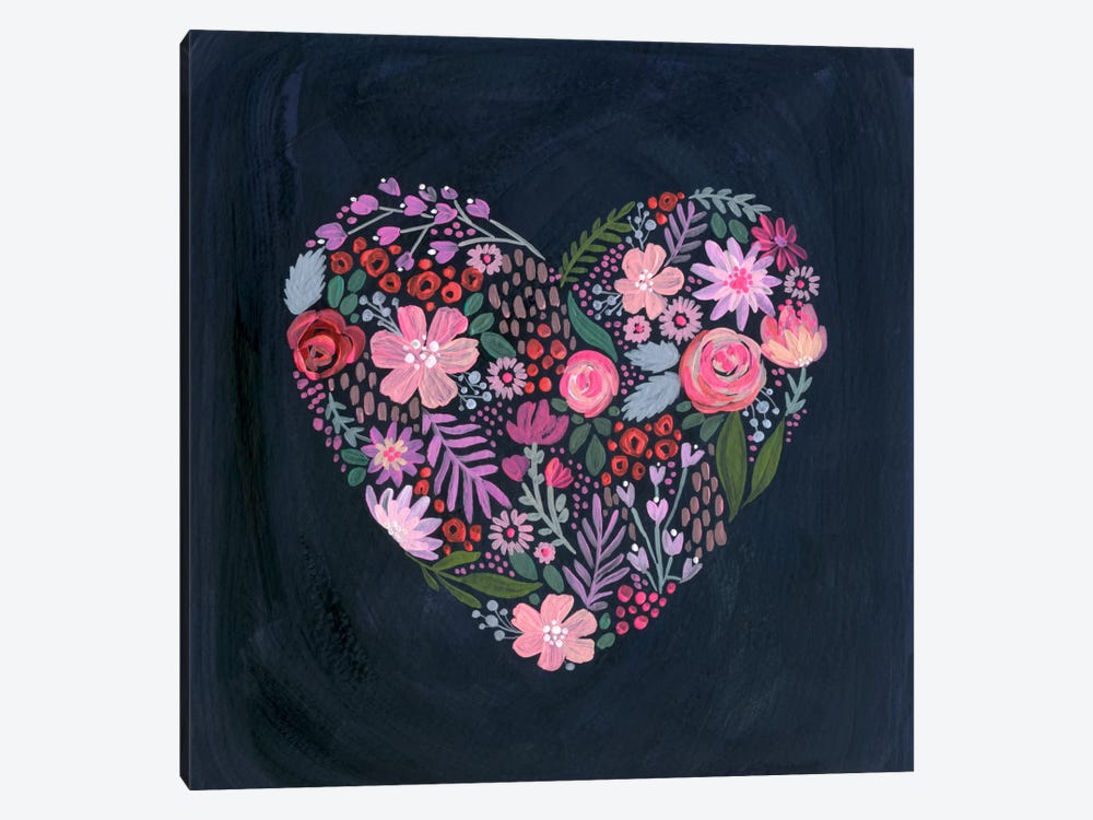 Floral Heart On Navy 1-piece Canvas Artwork