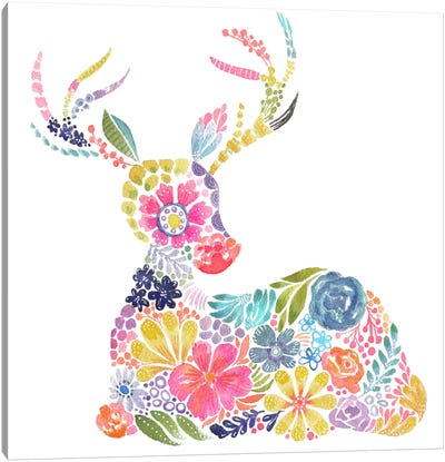 Floral Silhouette: Deer Canvas Art Print - Folk Art