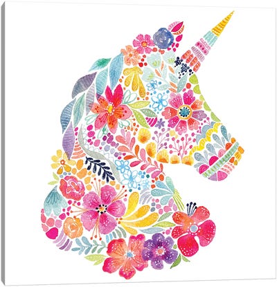 Floral Silhouette: Unicorn Canvas Art Print - Unicorns