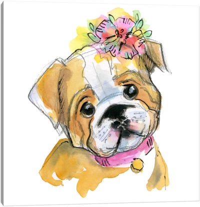 Puppy With Flower Canvas Art Print - Puppy Art
