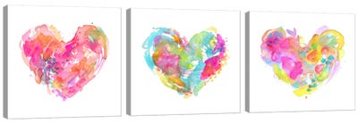 Messy Watercolor Heart Triptych Canvas Art Print - Heart Art