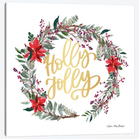 Holly Jolly Poinsettia Wreath Canvas Print #STD120} by Seven Trees Design Canvas Artwork