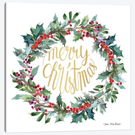 Merry Christmas Holly Wreath Canvas Print #STD124} by Seven Trees Design Art Print