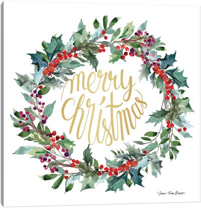 Merry Christmas Holly Wreath Canvas Art Print - Christmas Trees & Wreath Art