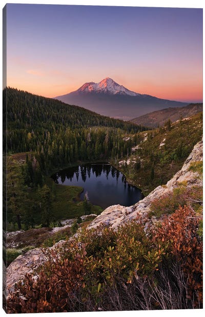 Mount Shasta, California - Between The Light, Vertical Canvas Art Print - Pond Art