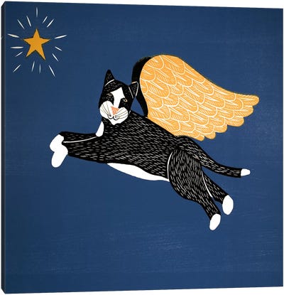 Angel Cat Canvas Art Print - Royal Blue & Silver