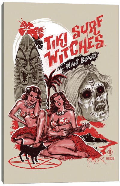 Tiki Surf Witches Want Blood Canvas Art Print - Satirical Humor Art